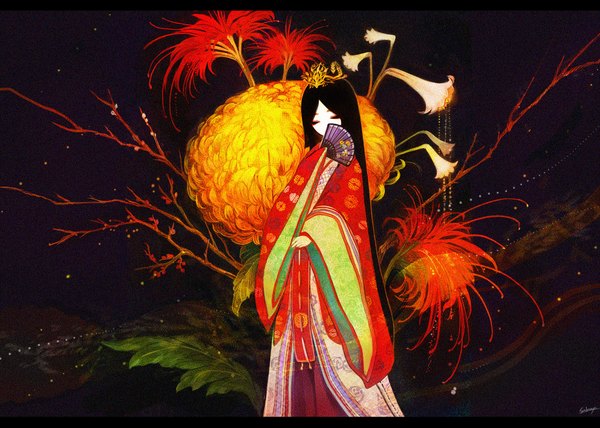 Anime picture 1984x1417 with original sakaya (artist) single highres black hair eyes closed very long hair japanese clothes letterboxed girl flower (flowers) plant (plants) kimono crown fan