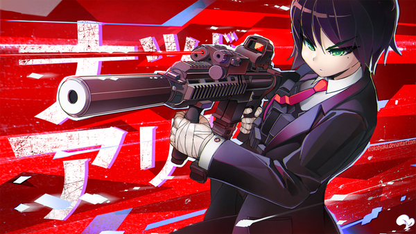 Anime picture 1920x1080 with original krokobyaka single fringe highres short hair black hair wide image green eyes signed looking away mole wallpaper mole under eye red background serious girl weapon shirt necktie