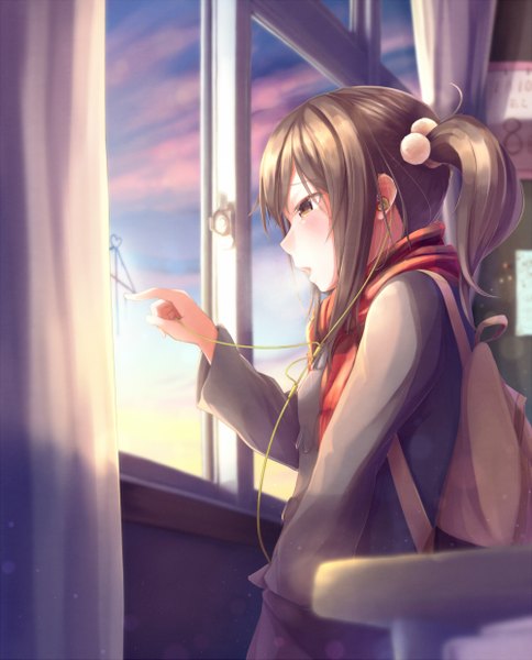 Anime picture 1000x1239 with original dararito single long hair tall image blush open mouth brown hair brown eyes sky ponytail profile side ponytail girl hair ornament jacket window scarf hair tie backpack