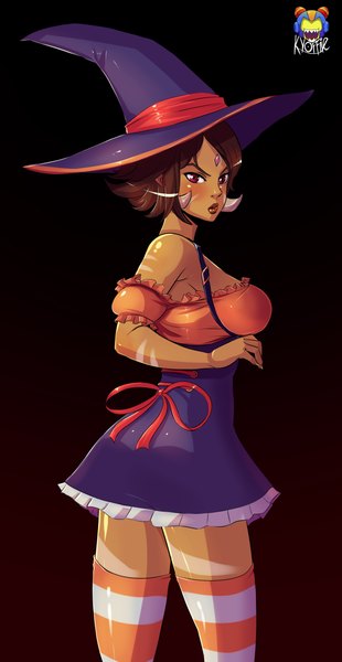 Anime picture 1191x2305 with league of legends nidalee (league of legends) kyoffie12 single tall image blush short hair breasts simple background brown hair looking away pink eyes dark skin black background girl thighhighs dress hat witch hat striped thighhighs