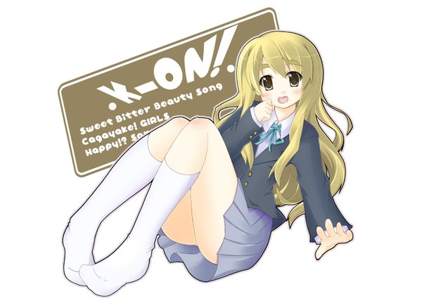 Anime picture 1400x1000 with k-on! kyoto animation kotobuki tsumugi ojitcha single long hair looking at viewer fringe open mouth light erotic blonde hair hair between eyes white background yellow eyes full body :d no shoes copyright name eyebrows girl