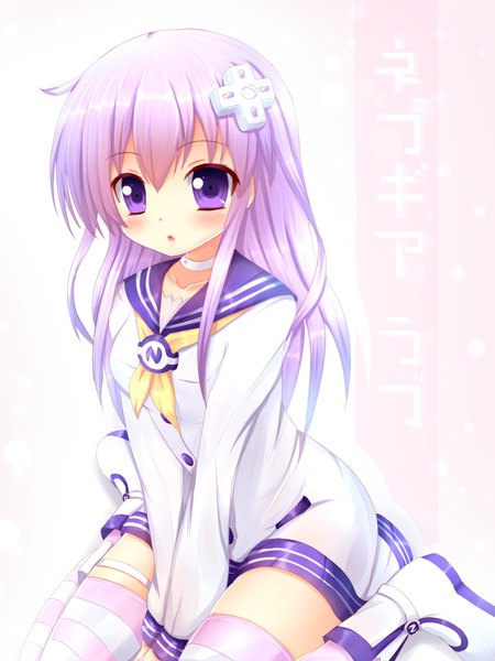 Anime picture 1008x1344 with choujigen game neptune nepgear kane-neko single tall image looking at viewer white background purple eyes purple hair girl thighhighs hair ornament striped thighhighs