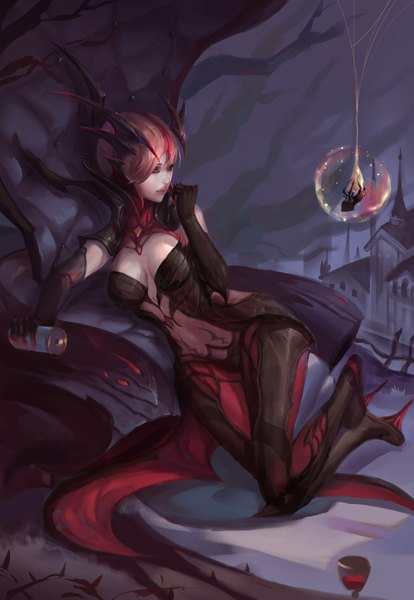 Anime picture 2000x2897 with league of legends elise (league of legends) rabbit (tukenitian) single tall image highres short hair breasts red eyes pink hair girl insect spider web spider