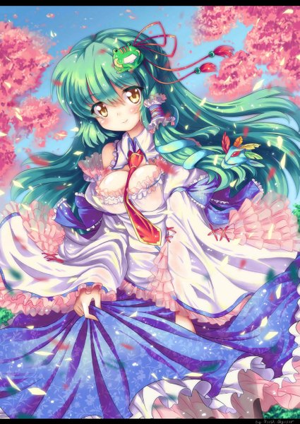 Anime picture 905x1278 with touhou kochiya sanae north abyssor single long hair tall image looking at viewer blush smile yellow eyes green hair cherry blossoms girl dress hair ornament bow plant (plants) hair bow petals tree (trees)
