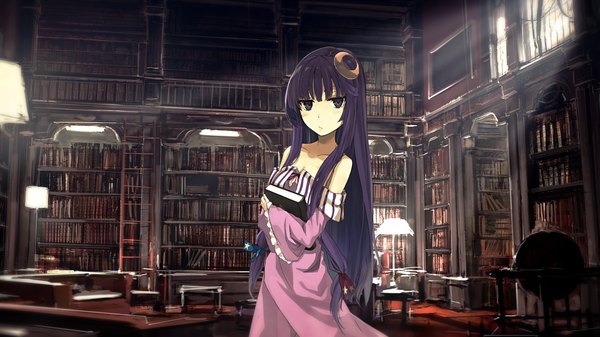 Anime picture 1920x1080 with touhou patchouli knowledge justrukia (artist) single long hair looking at viewer blush fringe highres wide image purple eyes bare shoulders holding purple hair indoors blunt bangs sunlight frilled dress girl dress