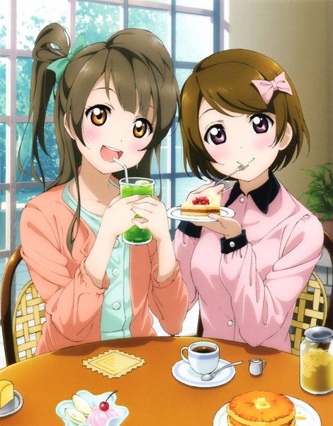 Anime picture 4224x5386 with love live! school idol project sunrise (studio) love live! minami kotori koizumi hanayo murota yuuhei long hair tall image looking at viewer highres short hair open mouth smile brown hair sitting multiple girls absurdres indoors pink eyes one side up