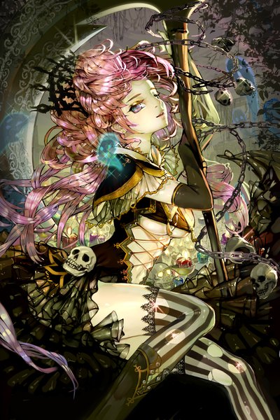 Anime picture 2362x3545 with original crab d single long hair tall image blush highres breasts open mouth light erotic sitting holding pink hair sky very long hair pink eyes teeth piercing lacing ghost