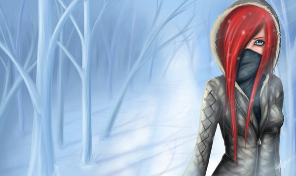 Anime picture 4200x2500 with zackargunov single long hair fringe highres blue eyes wide image absurdres red hair hair over one eye bare tree girl plant (plants) tree (trees) jacket hood forest winter clothes