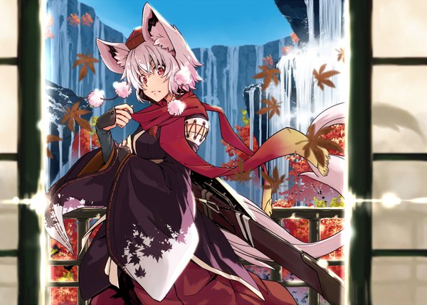 Anime picture 1450x1039 with touhou inubashiri momiji irue (artist) single looking at viewer fringe short hair red eyes animal ears pink hair sky traditional clothes japanese clothes wide sleeves fox ears waterfall girl weapon plant (plants) hat