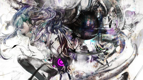 Anime picture 1920x1080 with vocaloid vocaloid append hatsune miku hatsune miku (append) enc/ddd single long hair highres wide image twintails purple hair multicolored hair aqua eyes aqua hair two-tone hair tears looking down broken girl detached sleeves