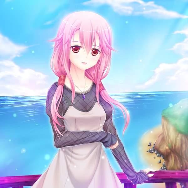 Anime picture 1696x1696 with guilty crown production i.g yuzuriha inori single long hair red eyes pink hair cloud (clouds) girl dress sea pendant