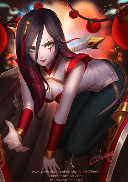 Anime picture 961x1364 with league of legends katarina (league of legends) gu-ko citemer single long hair tall image looking at viewer breasts light erotic smile brown hair standing green eyes red hair leaning leaning forward facial mark girl weapon sword
