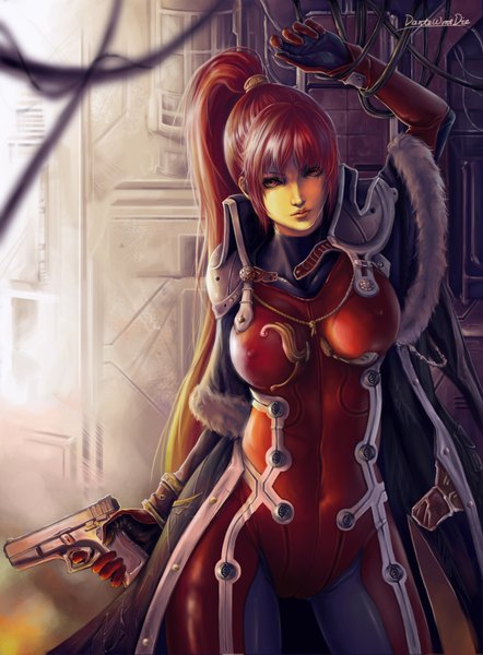Anime picture 2480x3366 with original dantewontdie long hair tall image highres red eyes ponytail red hair realistic skin tight girl weapon gun cape bodysuit wire (wires) pilot suit cable