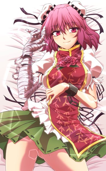 Anime picture 791x1280 with touhou ibaraki kasen ootsuki wataru single tall image looking at viewer blush short hair breasts light erotic smile large breasts pink hair lying pink eyes hair bun (hair buns) chinese clothes girl chain bandage (bandages)