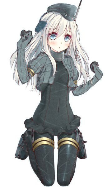 Anime picture 621x1035 with kantai collection u-511 submarine hypertan single long hair tall image looking at viewer blush fringe open mouth blue eyes simple background white background white hair :o covered navel jumping surprised girl gloves