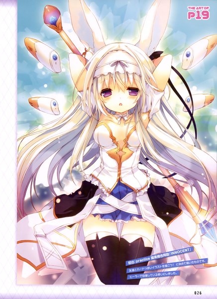 Anime picture 2878x3957 with original p19 single long hair tall image looking at viewer blush highres purple eyes signed animal ears parted lips scan bunny ears text bunny girl arms behind head girl thighhighs black thighhighs