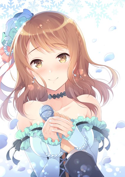 Anime picture 708x1000 with idolmaster idolmaster cinderella girls houjou karen komi zumiko long hair tall image looking at viewer blush fringe simple background smile brown hair white background bare shoulders holding brown eyes payot upper body braid (braids) long sleeves