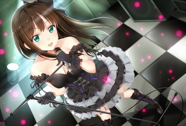 Anime picture 1422x966 with idolmaster idolmaster cinderella girls shibuya rin qiuzhi huiyi single open mouth bare shoulders green eyes checkered floor floor singing black gothic dress (idolmaster) girl dress gloves hair ornament black gloves microphone cross-laced footwear microphone stand