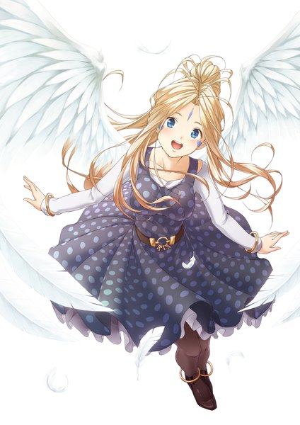 Anime picture 800x1133 with aa megami-sama anime international company belldandy nigiriushi single long hair tall image blush open mouth blue eyes simple background blonde hair white background full body ponytail :d facial mark spread arms angel wings polka dot