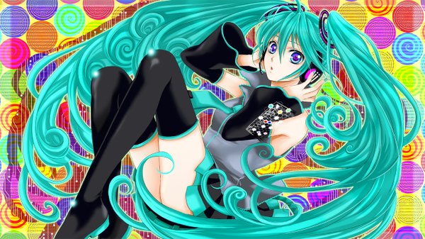 Anime picture 1280x720 with vocaloid hatsune miku wool wide image twintails very long hair aqua eyes aqua hair girl thighhighs skirt hair ornament black thighhighs detached sleeves miniskirt necktie headphones