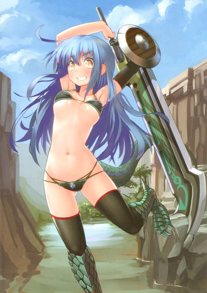 Anime picture 4102x5792 with genkai tokki monster monpiece lizardman (genkai tokki monster monpiece) patricia (stylish marunage) single long hair tall image blush highres breasts light erotic standing blue hair looking away absurdres cloud (clouds) ahoge outdoors scan arms up official art