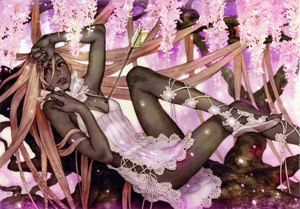 Anime picture 6159x4301 with original midori foo long hair highres open mouth brown hair absurdres black eyes scan dark skin girl dress flower (flowers) plant (plants) tree (trees) white dress arrow (arrows) wisteria