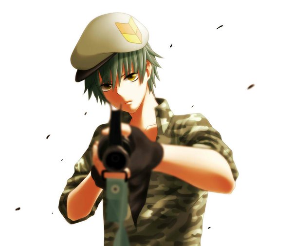 Anime picture 1000x842 with happy tree friends flippy single highres short hair open mouth yellow eyes green hair personification boy gloves uniform hat fingerless gloves gun beret military uniform rifle