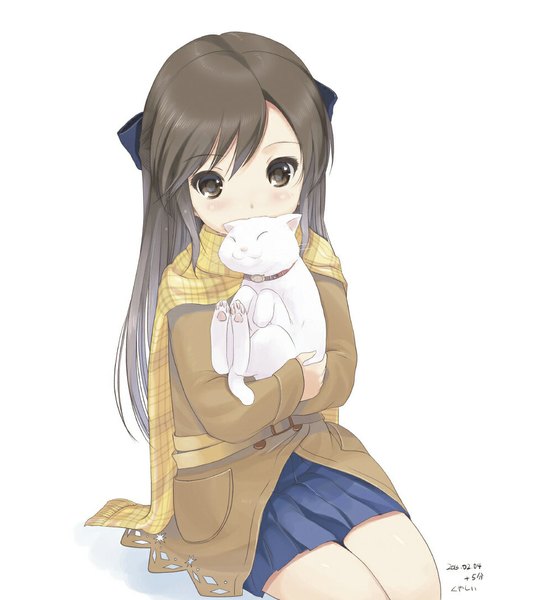 Anime picture 1000x1080 with idolmaster idolmaster cinderella girls tachibana arisu kiya shii single long hair tall image blush simple background brown hair white background sitting brown eyes eyes closed third-party edit extended girl skirt bow hair bow