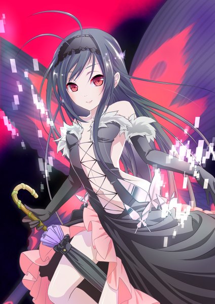 Anime picture 2480x3507 with accel world sunrise (studio) kuroyukihime single long hair tall image highres red eyes bare shoulders blue hair insect wings closed umbrella butterfly wings girl dress gloves elbow gloves insect butterfly umbrella