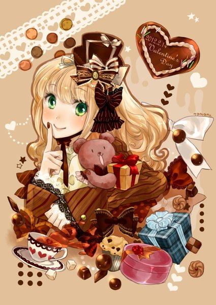 Anime picture 1074x1517 with original tamaru (pixiv) single long hair tall image blush blonde hair smile green eyes nail polish valentine girl bow hat food heart sweets gift cup candy