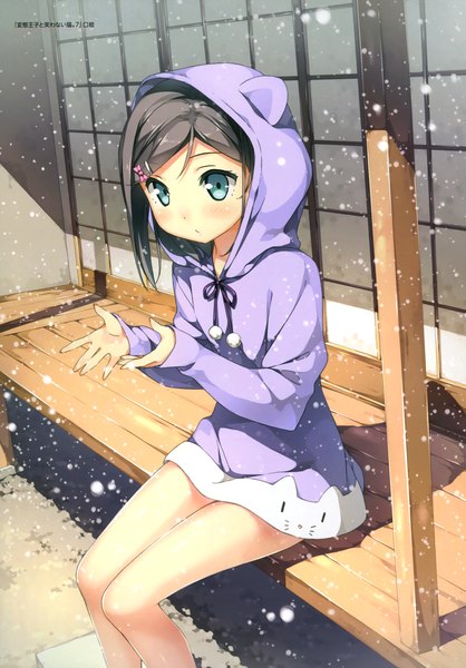 Anime picture 2508x3600 with hentai ouji to warawanai neko j.c. staff tsutsukakushi tsukiko kantoku single tall image blush highres short hair blue eyes black hair sitting scan official art snowing winter girl hood pom pom (clothes)