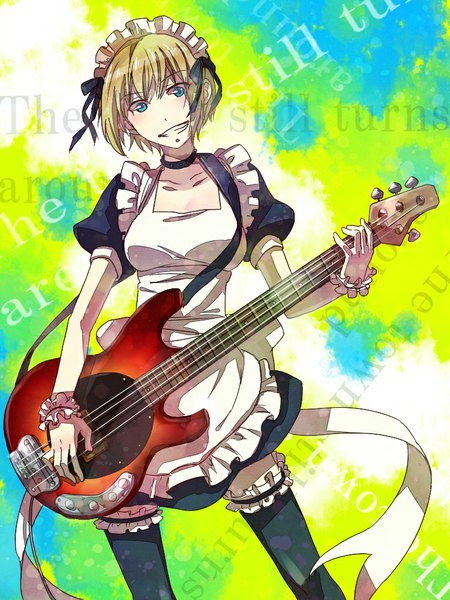 Anime picture 768x1024 with soredemo machi wa mawatteiru shaft (studio) kon futaba zoff (daria) single tall image looking at viewer short hair blue eyes smile standing holding head tilt teeth zettai ryouiki puffy sleeves waitress playing instrument girl thighhighs