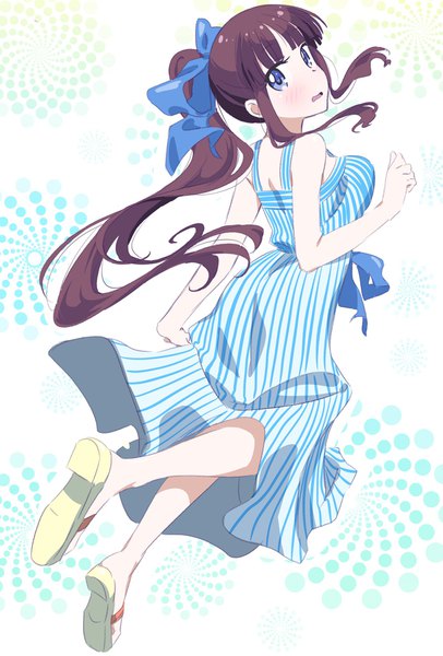 Anime picture 1388x2048 with new game! doga kobo takimoto hifumi pink x single long hair tall image blush open mouth blue eyes brown hair bare shoulders payot full body ponytail looking back striped girl dress ribbon (ribbons)