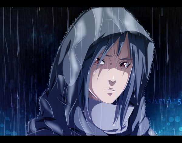 Anime picture 1400x1101 with naruto studio pierrot naruto (series) uchiha madara sama15 single long hair black hair red eyes night wet coloring rain sharingan boy hood