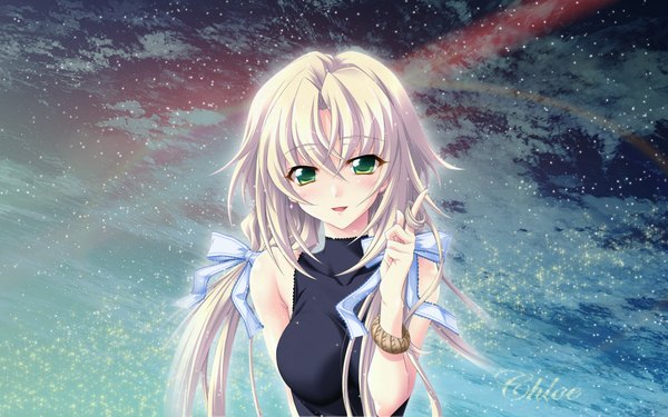 Anime picture 1920x1200 with memories off futami shion single long hair looking at viewer fringe highres open mouth hair between eyes wide image twintails green eyes sky white hair low twintails girl bracelet star (stars)