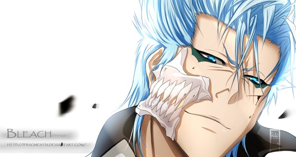 Anime picture 1680x894 with bleach studio pierrot grimmjow jeagerjaques ifragmentix single short hair blue eyes smile wide image white background blue hair inscription coloring portrait espada boy mask