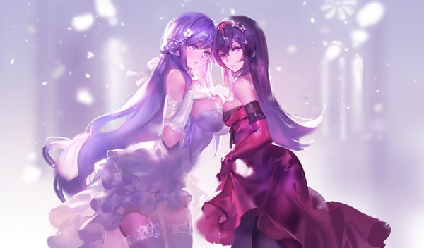 Anime picture 1360x800 with original pixiv fantasia pixiv fantasia t kishiyo long hair looking at viewer blue eyes light erotic red eyes wide image bare shoulders multiple girls purple hair revision girl thighhighs dress gloves hair ornament 2 girls
