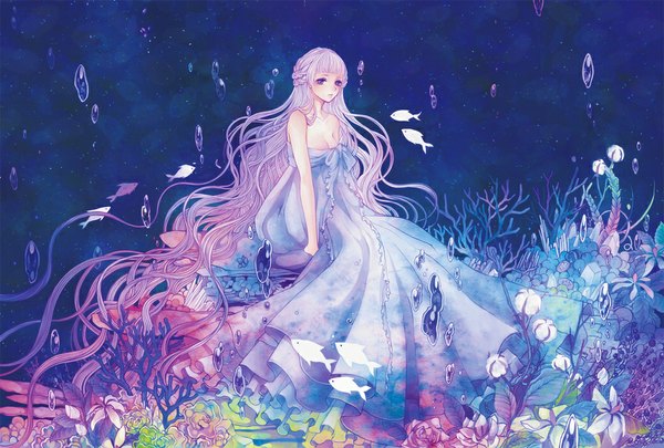 Anime picture 1037x700 with original kina (24 ch) single long hair blonde hair sitting purple eyes bare shoulders very long hair underwater girl dress flower (flowers) water sea bubble (bubbles) fish (fishes) coral