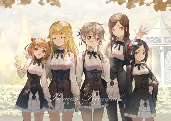 Anime picture 1200x849 with princess principal ange (princess principal) princess (princess principal) dorothy (princess principal) toudou chise beatrice (princess principal) huanxiang heitu long hair looking at viewer fringe short hair open mouth black hair blonde hair smile hair between eyes red eyes brown hair multiple girls payot