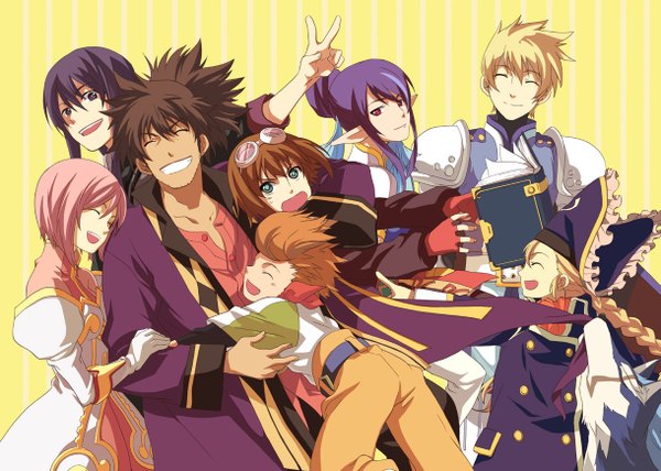 Anime picture 1219x870 with tales of (series) tales of vesperia yuri lowell estellise sidos heurassein flynn scifo judith rita mordio repede raven (tov) karol capel patty fleur ayumiso (artist) long hair short hair open mouth blonde hair smile red eyes brown hair pink hair