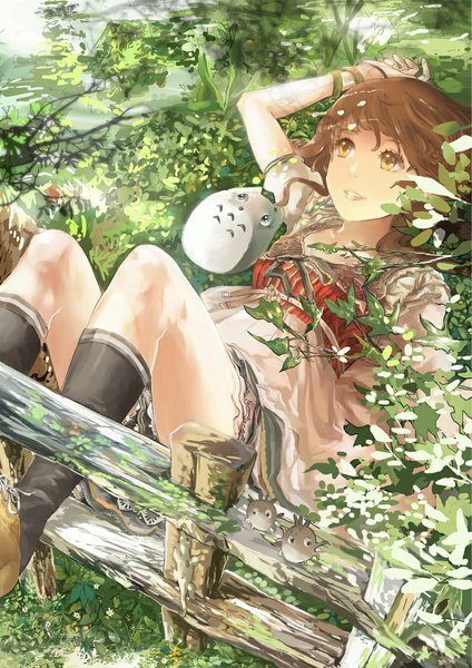 Anime picture 800x1131 with tonari no totoro original studio ghibli totoro ooi choon liang single tall image blush open mouth smile brown hair brown eyes looking away lying lips on back nature casual girl skirt