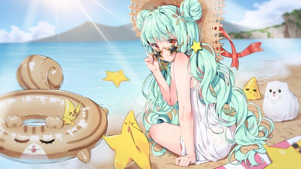Anime picture 1100x618 with original agnamore single long hair looking at viewer fringe red eyes wide image twintails outdoors head tilt looking back sunlight aqua hair arm support :o hair bun (hair buns) beach low twintails wavy hair
