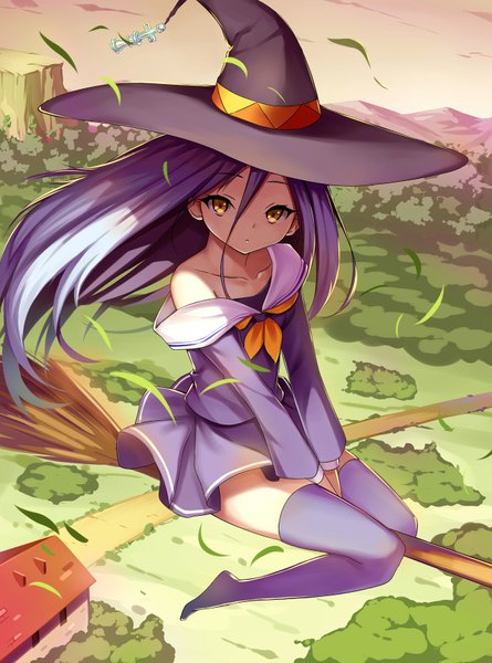 Anime picture 1276x1719 with no game no life madhouse shiro (no game no life) crazyodin single long hair tall image looking at viewer hair between eyes sitting yellow eyes blue hair zettai ryouiki mountain witch girl thighhighs skirt hat leaf (leaves)
