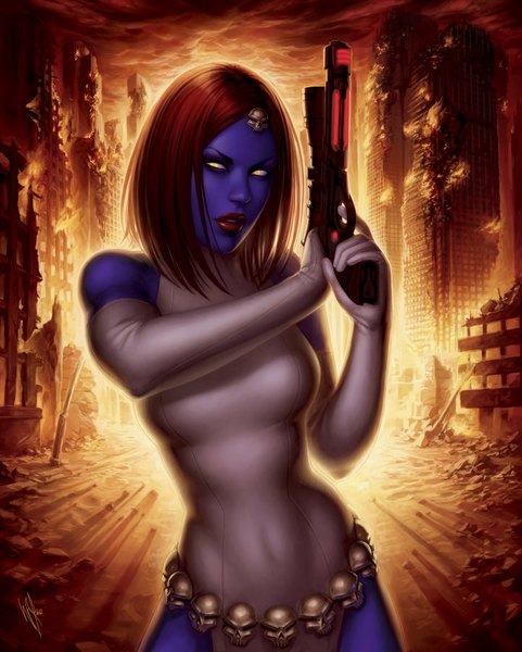 Anime picture 720x898 with x-men marvel comics mystique warrenlouw single tall image short hair breasts yellow eyes red hair lips blue skin girl gloves weapon elbow gloves gun pistol