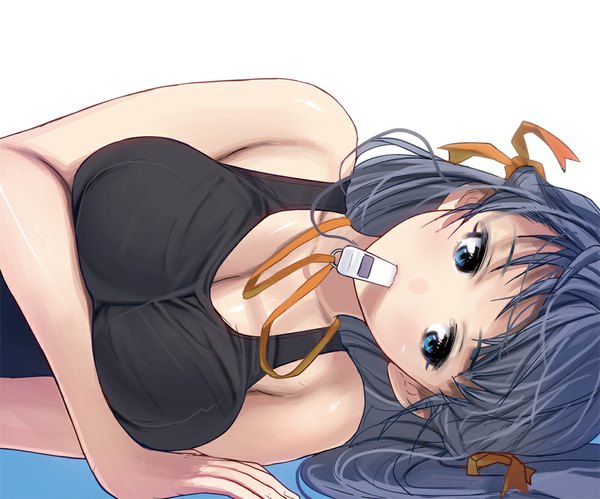 Anime picture 1000x833 with original masao single long hair breasts blue eyes light erotic simple background white background lying grey hair on side girl ribbon (ribbons) swimsuit hair ribbon whistle