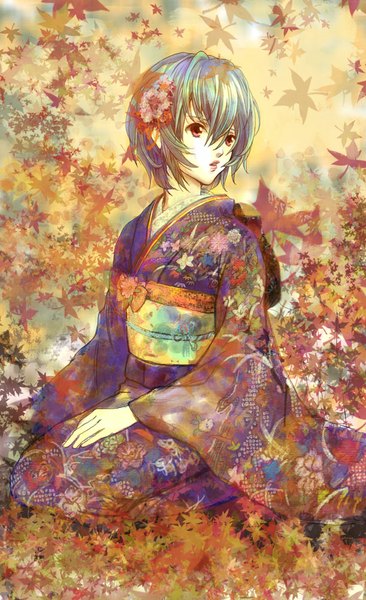 Anime picture 611x1000 with neon genesis evangelion gainax ayanami rei shikaji kashikai single tall image short hair red eyes sitting blue hair looking away traditional clothes parted lips japanese clothes lipstick pink lipstick autumn seiza girl hair ornament