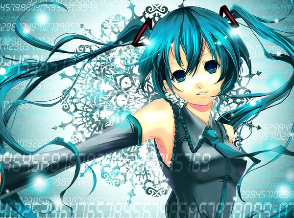 Anime picture 1050x782 with vocaloid hatsune miku mirusa single long hair hair between eyes twintails bare shoulders aqua eyes aqua hair wallpaper girl detached sleeves necktie