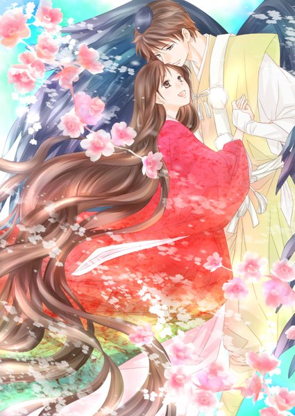 Anime picture 1031x1456 with rdg red data girl p.a. works suzuhara izumiko sagara miyuki sasago tall image short hair open mouth smile brown hair brown eyes looking away sky long sleeves very long hair traditional clothes head tilt japanese clothes wind sunlight