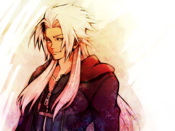 Anime picture 1000x750 with kingdom hearts square enix xemnas qi single long hair looking at viewer blonde hair brown eyes multicolored hair light smile pointy ears dark skin gradient hair boy cloak zipper