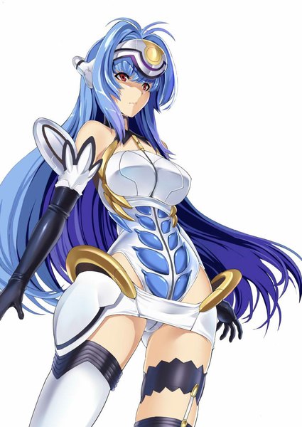 Anime picture 840x1186 with xenosaga monolith software kos-mos hakaba (dairiseki) single long hair tall image breasts light erotic simple background red eyes white background blue hair girl thighhighs gloves white thighhighs elbow gloves garter straps bodysuit